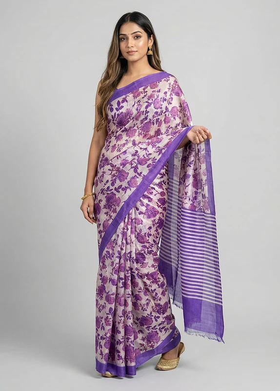 Cream Printed Silk Saree Without Blouse Piece One Size