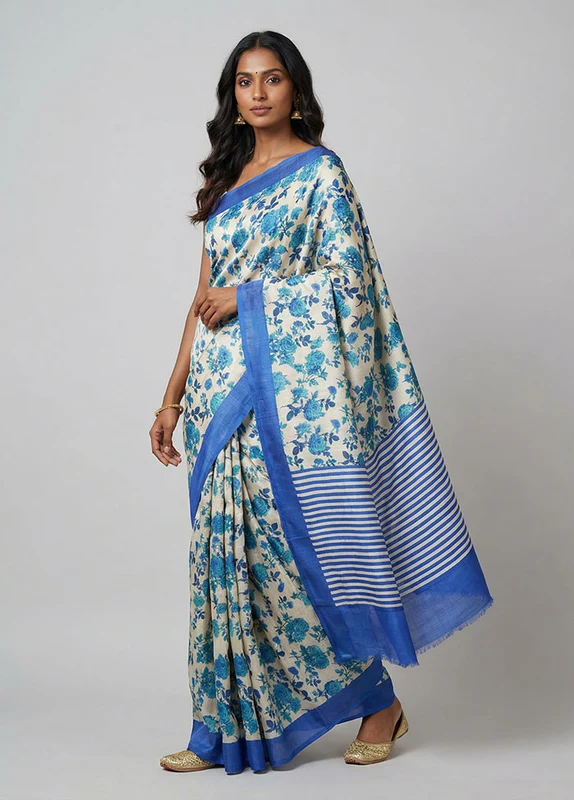 Cream Printed Silk Saree Without Blouse Piece One Size