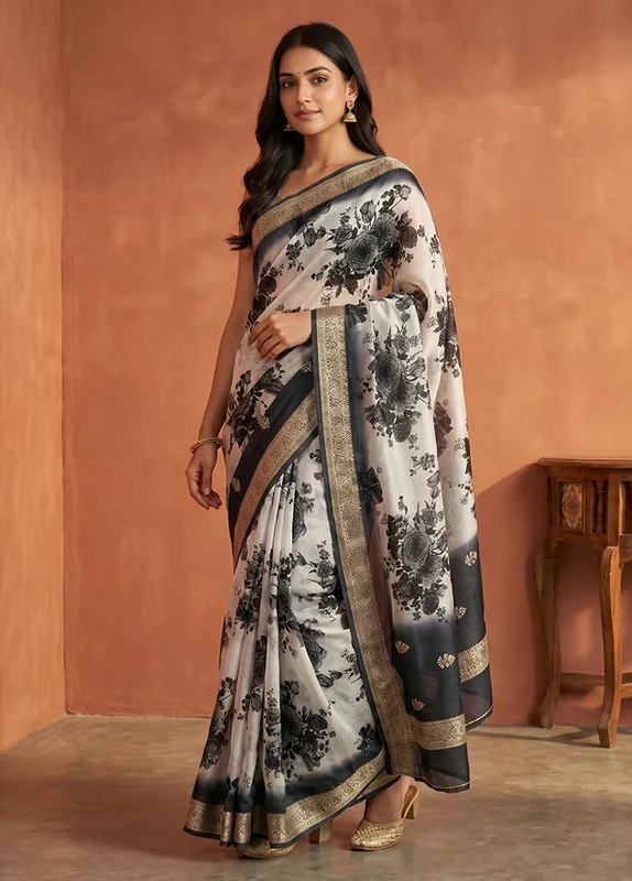 White Tussar Silk Saree With Blouse Piece One Size