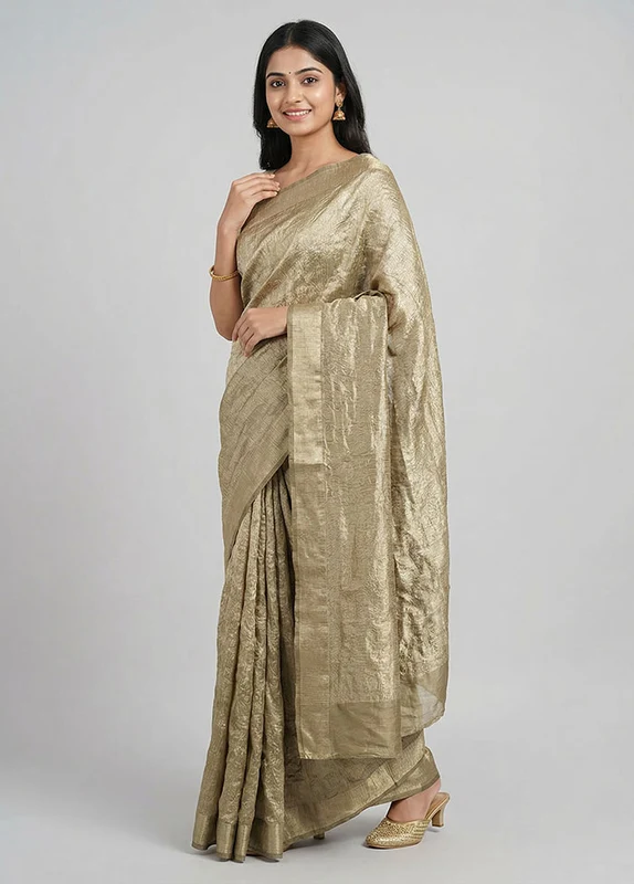 Green Tissue Silk Saree With Blouse Piece One Size