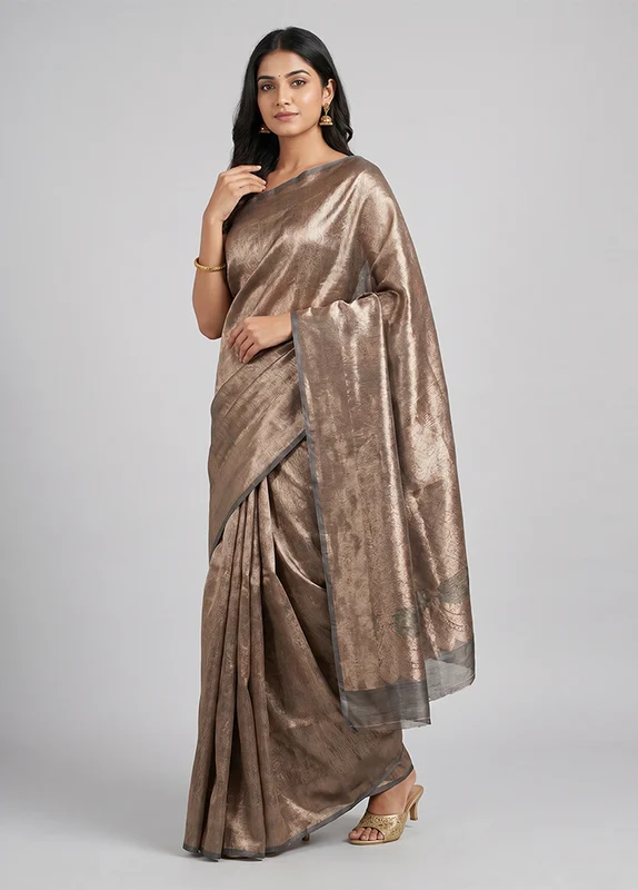 Grey Tissue Silk Saree With Blouse Piece One Size