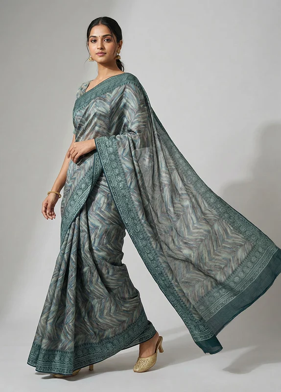 Blue Tussar Silk Saree With Blouse Piece One Size