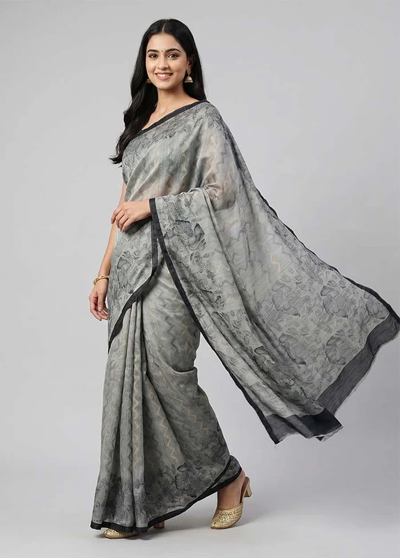 Grey Tussar Silk Saree With Blouse Piece One Size