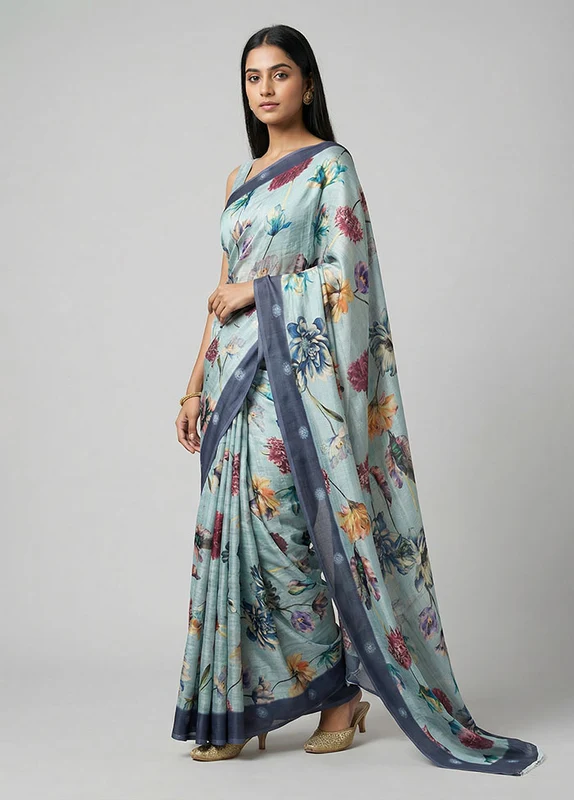 Green Tussar Silk Saree With Blouse Piece One Size