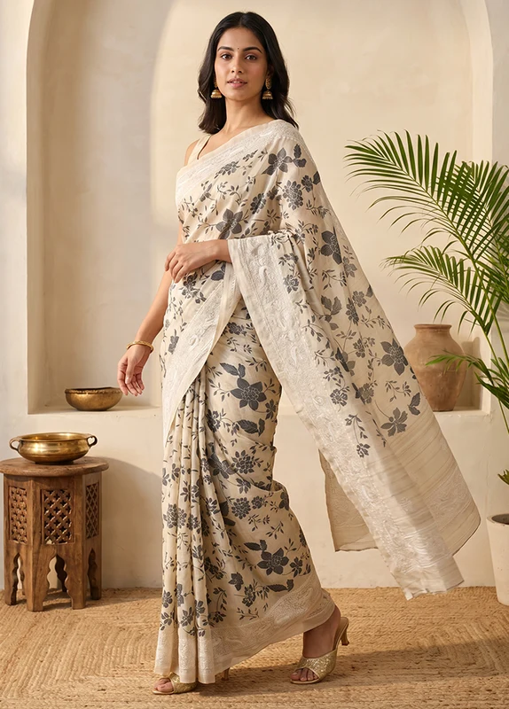 Cream Tussar Silk Saree With Blouse Piece One Size