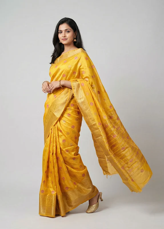 Yellow Dupion Silk Saree With Blouse Piece One Size