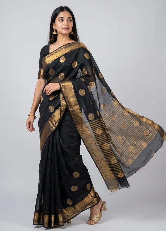 Black Dupion Silk Saree With Blouse Piece One Size