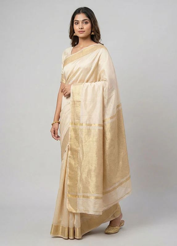 Cream Dupion Silk Saree With Blouse Piece One Size