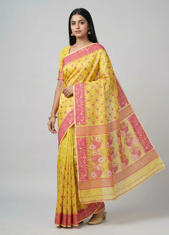 Yellow Jamdani Cotton Saree Without Blouse Piece One Size