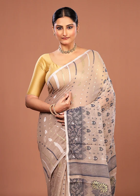 Cream Jamdani Cotton Saree Without Blouse Piece One Size