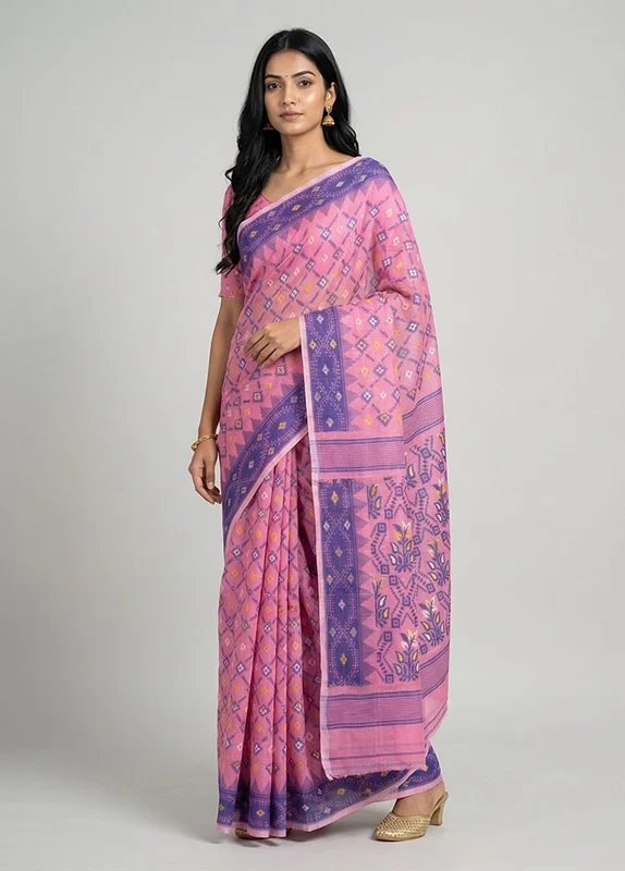 Pink Jamdani Cotton Saree Without Blouse Piece One Size