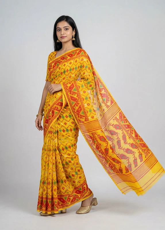 Yellow Jamdani Cotton Saree Without Blouse Piece One Size