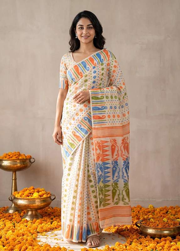 White Jamdani Cotton Saree Without Blouse Piece One Size