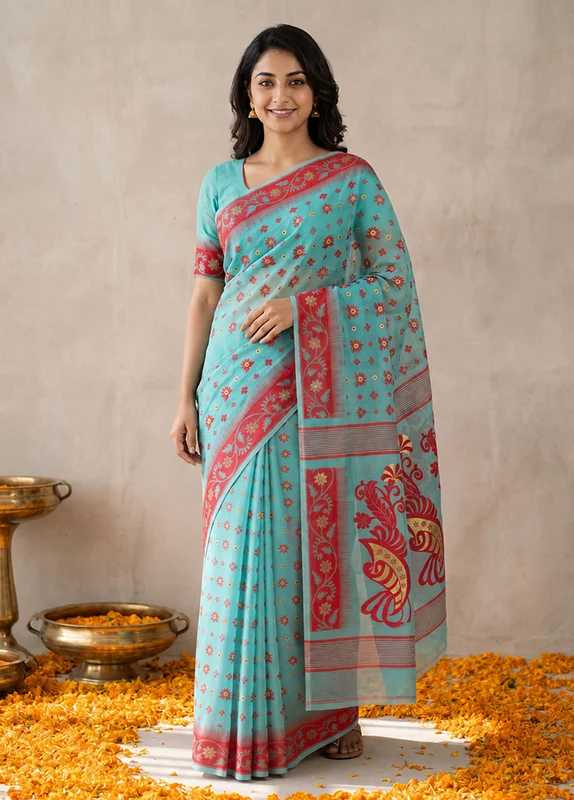 Blue Jamdani Cotton Saree Without Blouse Piece One Size