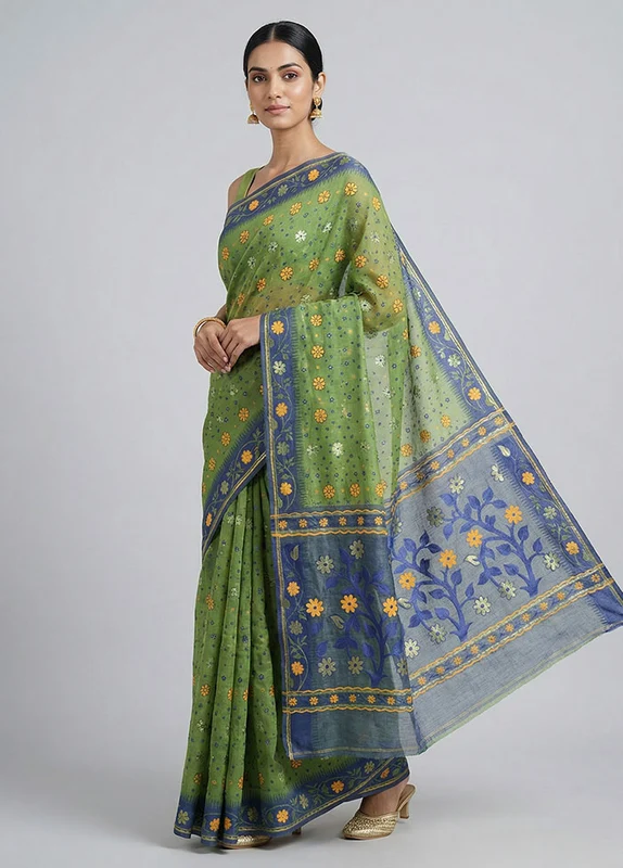 Blue Jamdani Cotton Saree Without Blouse Piece One Size