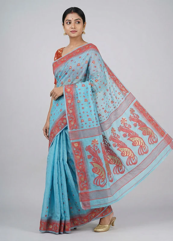 Blue Jamdani Cotton Saree Without Blouse Piece One Size