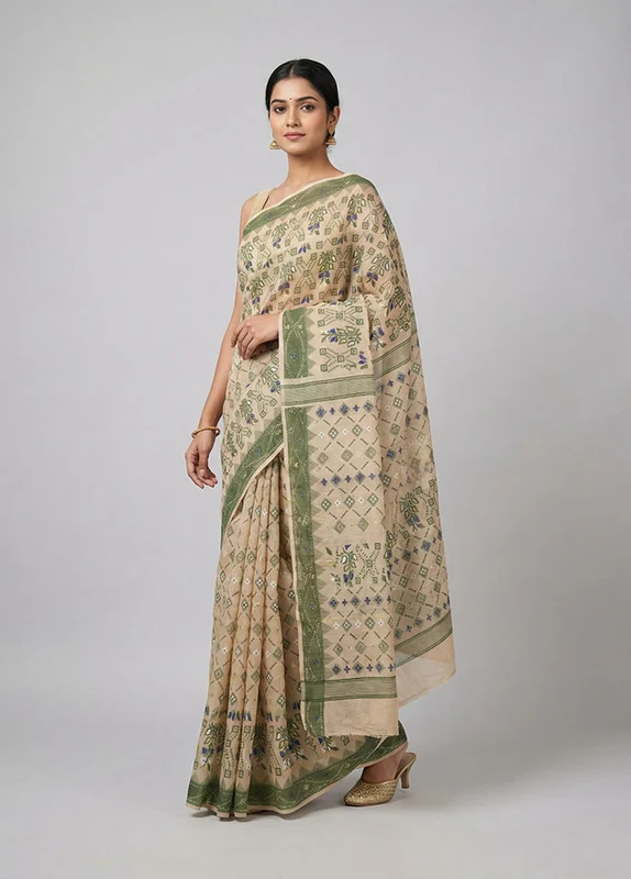 Cream Jamdani Cotton Saree Without Blouse Piece One Size