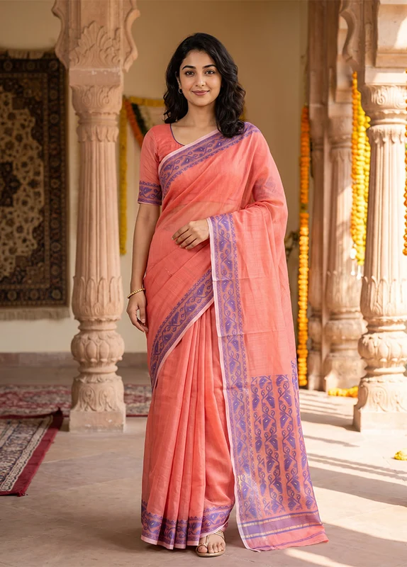 Pink Jamdani Cotton Saree Without Blouse Piece One Size