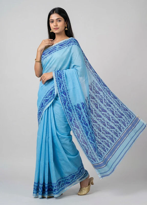 Blue Jamdani Cotton Saree Without Blouse Piece One Size