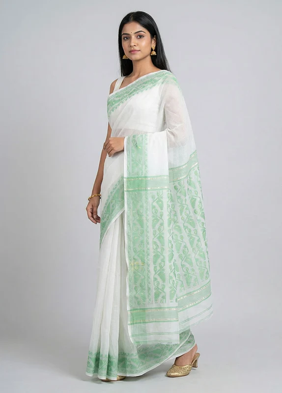 White Jamdani Cotton Saree Without Blouse Piece One Size