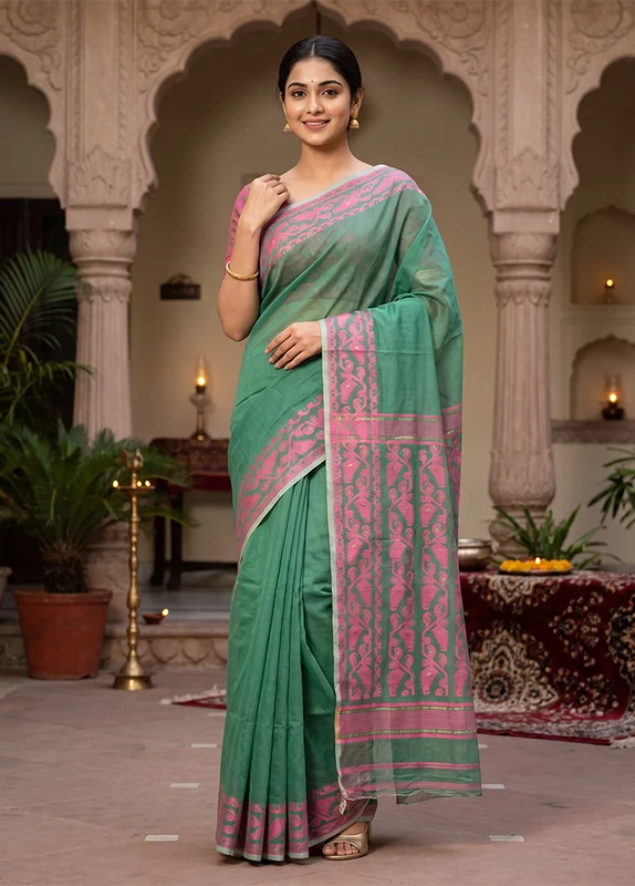Green Jamdani Cotton Saree Without Blouse Piece One Size