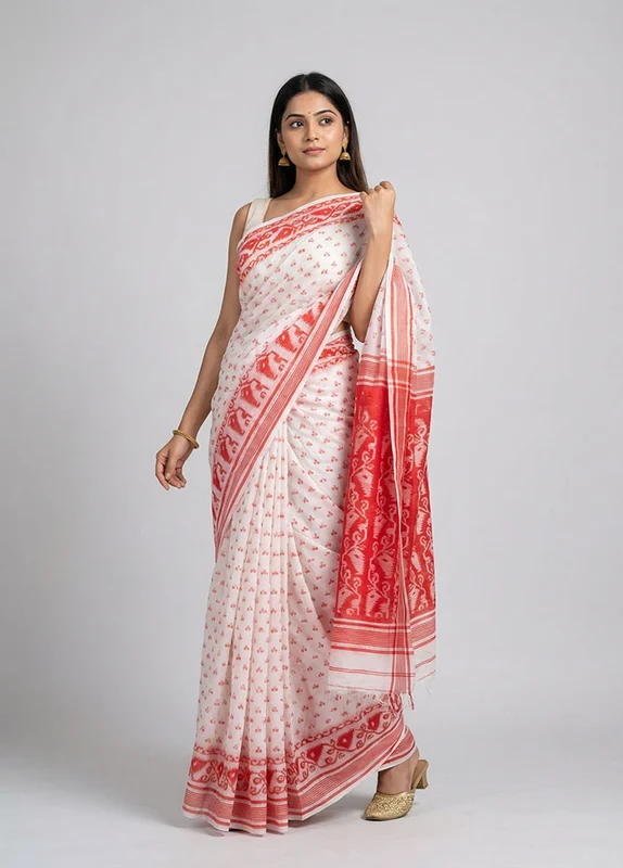 White Jamdani Cotton Saree Without Blouse Piece One Size