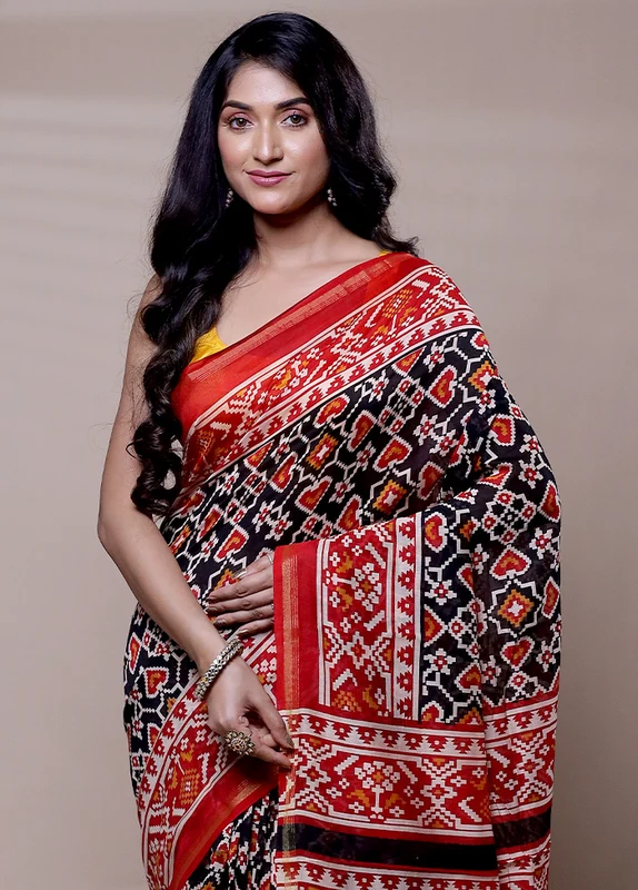 Red Chanderi Cotton Saree With Blouse Piece Onesize