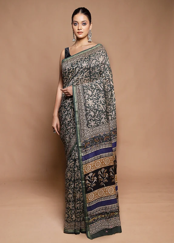 Grey Chanderi Cotton Saree With Blouse Piece Onesize