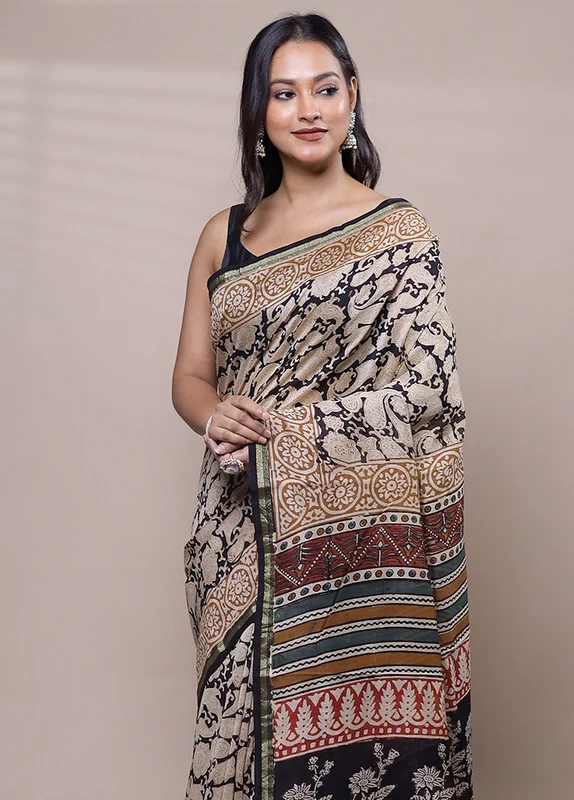 Cream Chanderi Cotton Saree With Blouse Piece Onesize