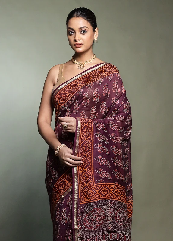 Purple Chanderi Cotton Saree With Blouse Piece Onesize