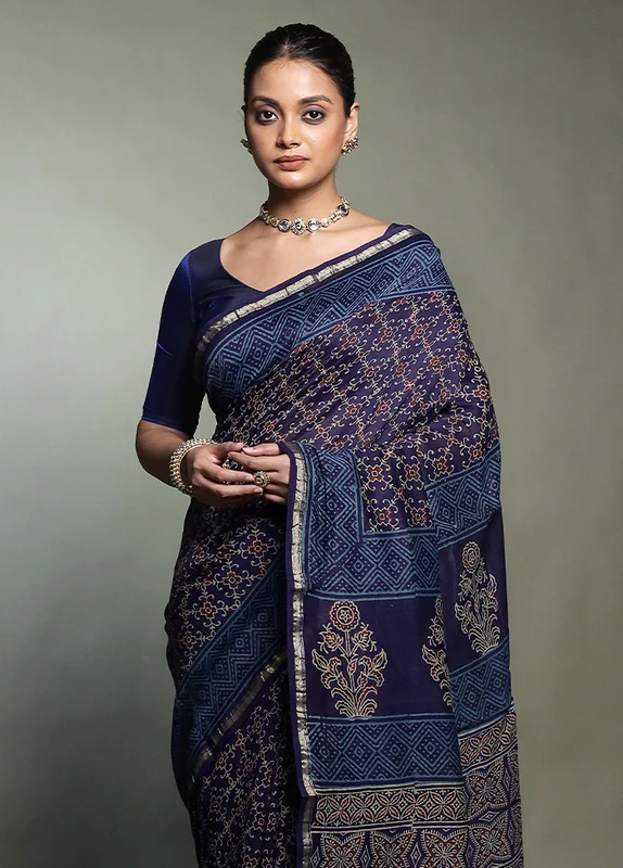 Blue Chanderi Cotton Saree With Blouse Piece Onesize