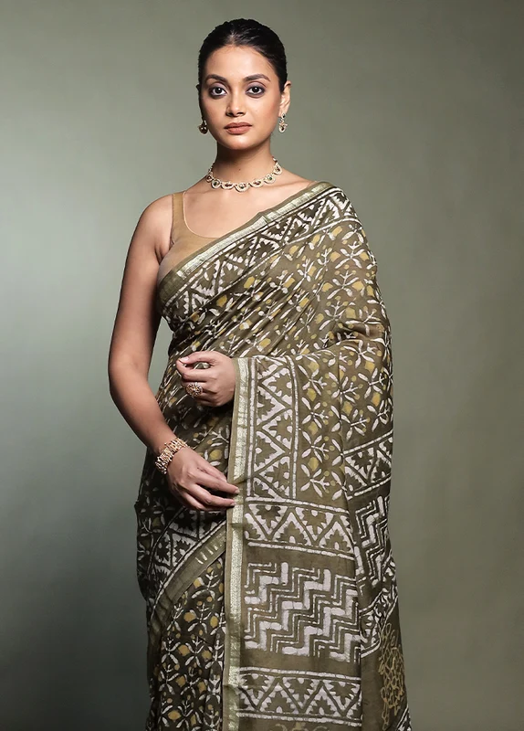 Cream Chanderi Cotton Saree With Blouse Piece Onesize