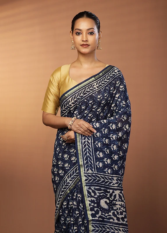 Blue Chanderi Silk Saree With Blouse Piece One Size