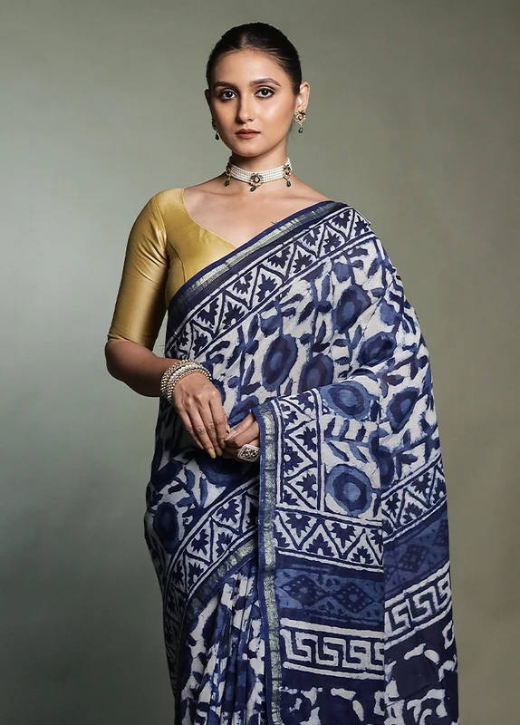 Blue Chanderi Cotton Saree With Blouse Piece Onesize