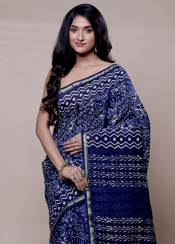 Blue Chanderi Cotton Saree With Blouse Piece Onesize