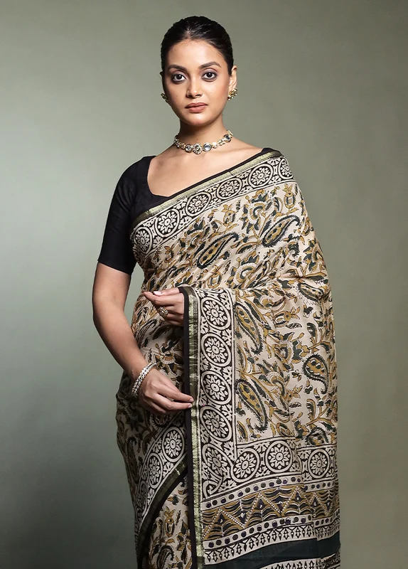Cream Chanderi Cotton Saree With Blouse Piece Onesize
