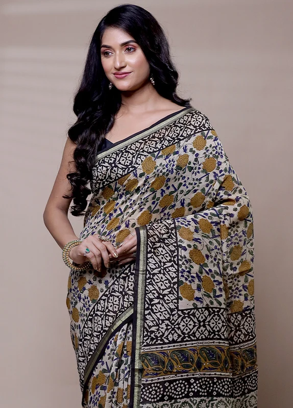 Cream Chanderi Cotton Saree With Blouse Piece Onesize