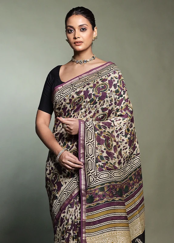 Cream Chanderi Cotton Saree With Blouse Piece Onesize