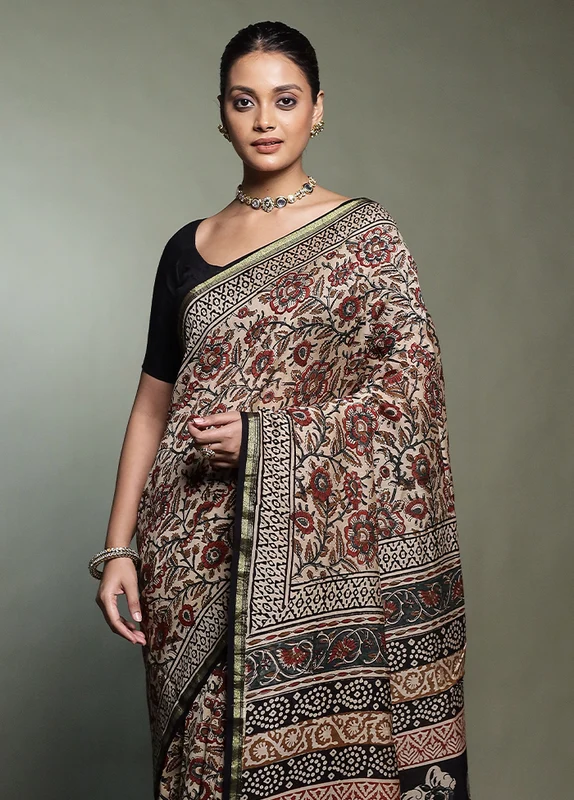 Cream Chanderi Cotton Saree With Blouse Piece Onesize