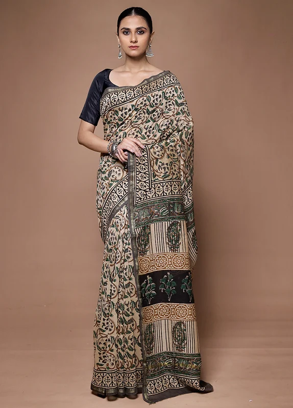 Cream Chanderi Cotton Saree With Blouse Piece Onesize