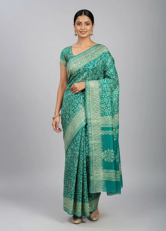 Green Katan Silk Saree With Blouse Piece One Size