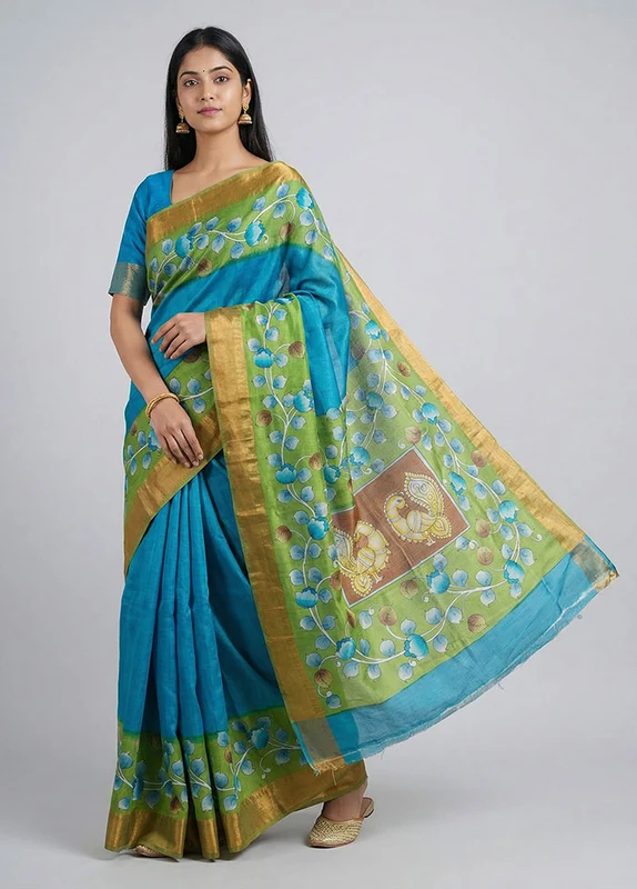 Green Handloom Tussar Pure Silk Saree With Blouse Piece One Size