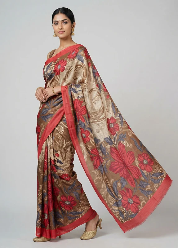 Multicolor Printed Silk Saree Without Blouse Piece One Size
