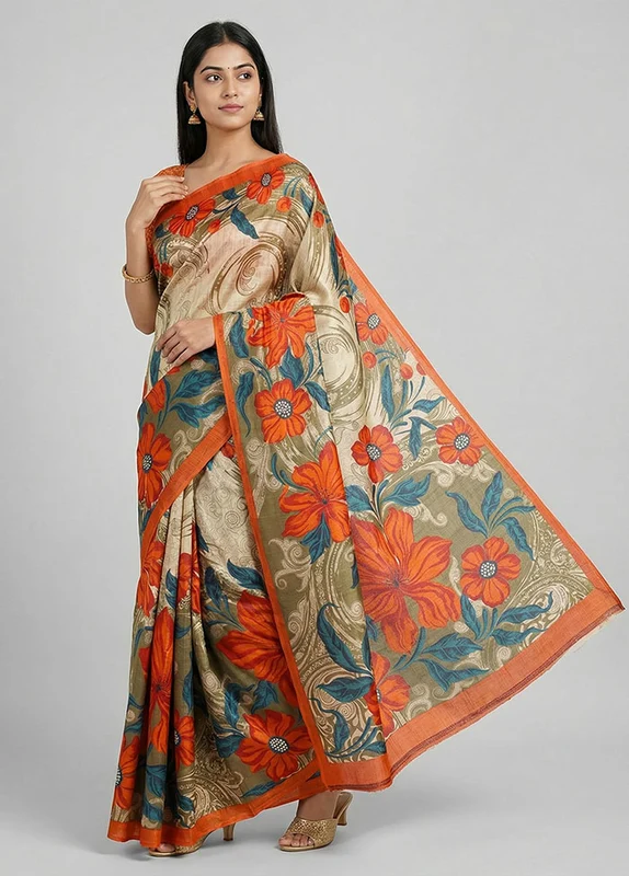 Multicolor Printed Silk Saree Without Blouse Piece One Size