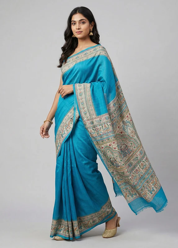 Blue Printed Silk Saree Without Blouse Piece One Size