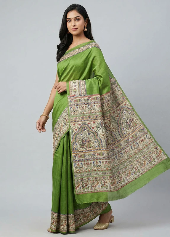 Green Printed Silk Saree Without Blouse Piece One Size