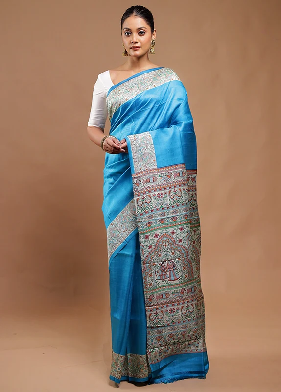 Blue Printed Pure Silk Saree Without Blouse Piece Onesize