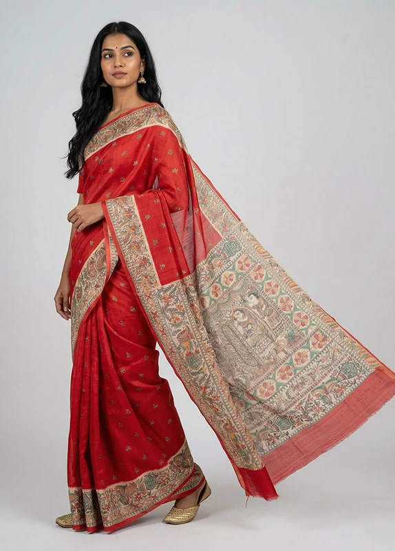 Red Printed Pure Silk Saree Without Blouse Piece One Size
