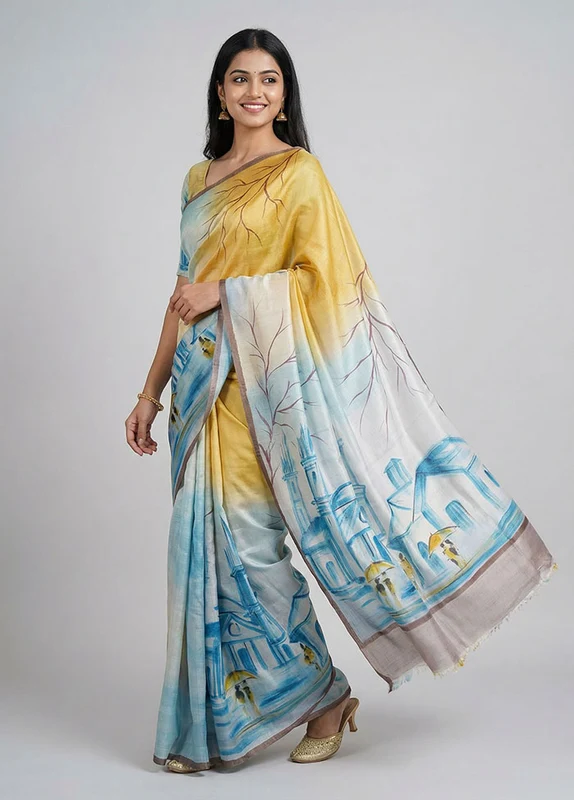 Multicolor Printed Silk Saree Without Blouse Piece One Size