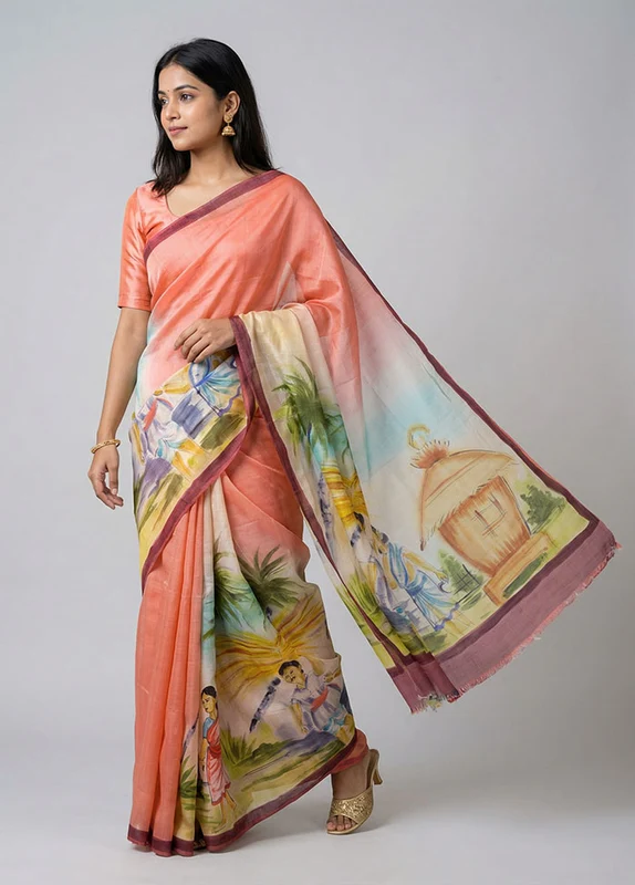 Multicolor Printed Pure Silk Saree Without Blouse Piece One Size
